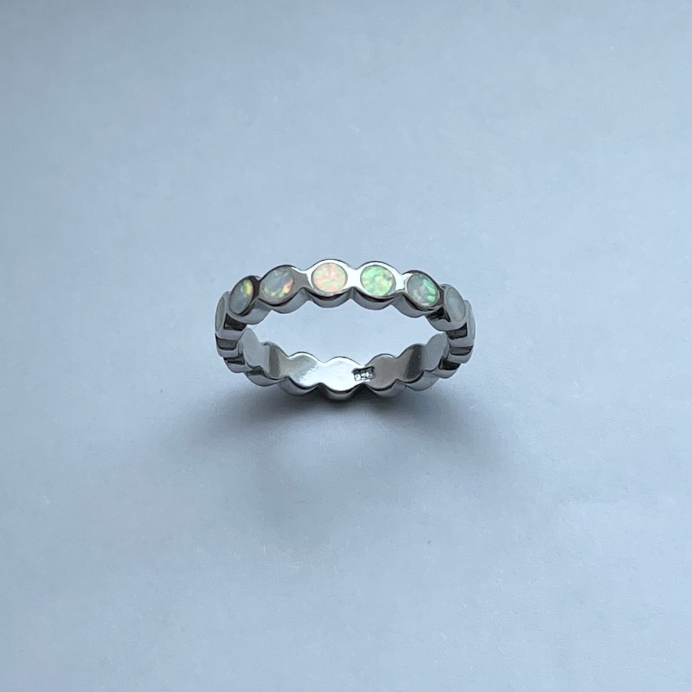 💕TOP SELLER💕 Silver Eternity White Lab Opal Band, Silver Ring, Wedding Bands - Picture 5 of 12
